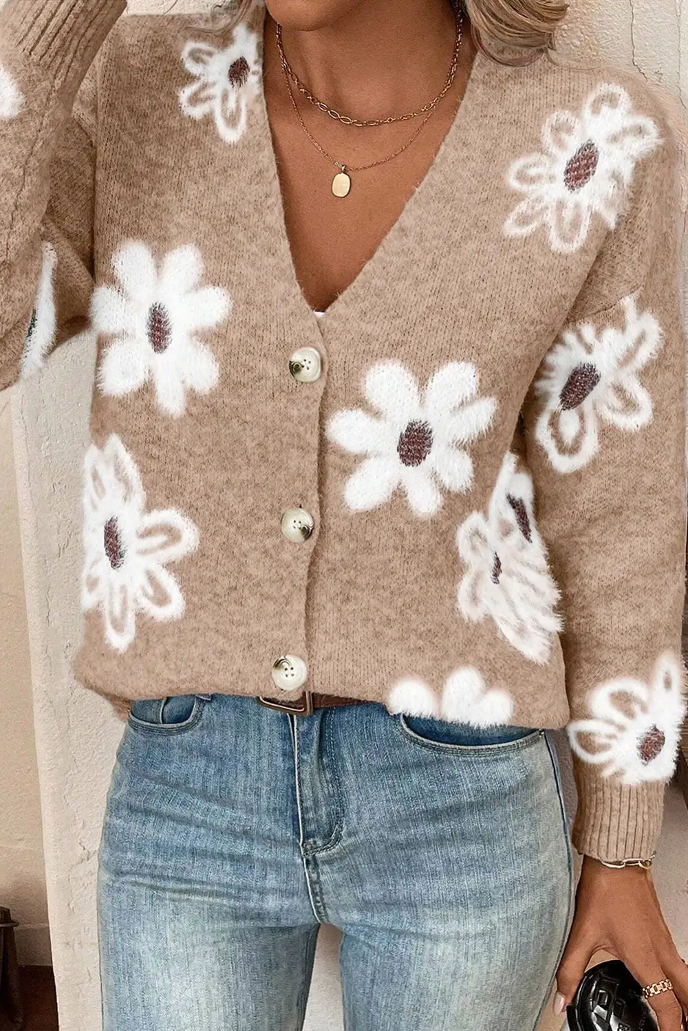 Soft Knit Button Front V Neck Floral Cardigan