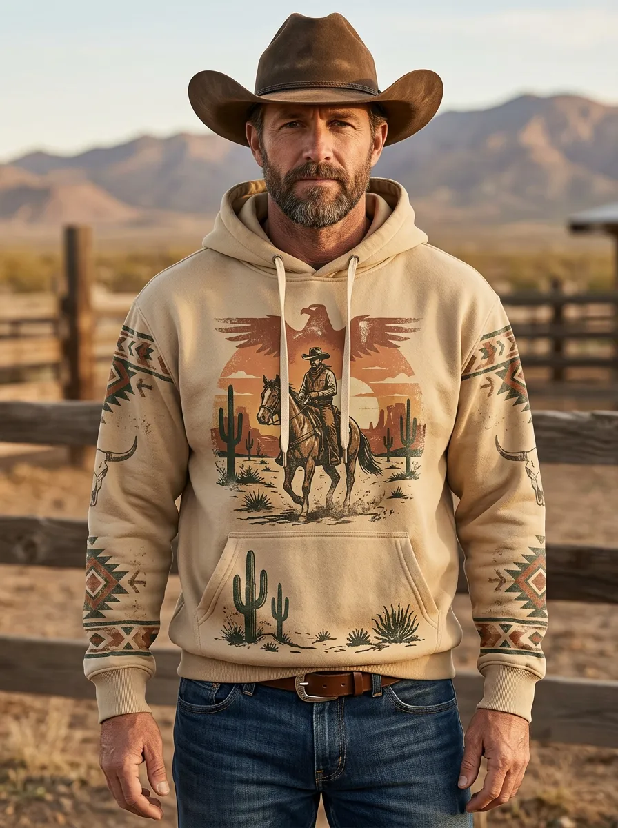 Men's Western Cowboy Horse Cactus Graphic Hoodie