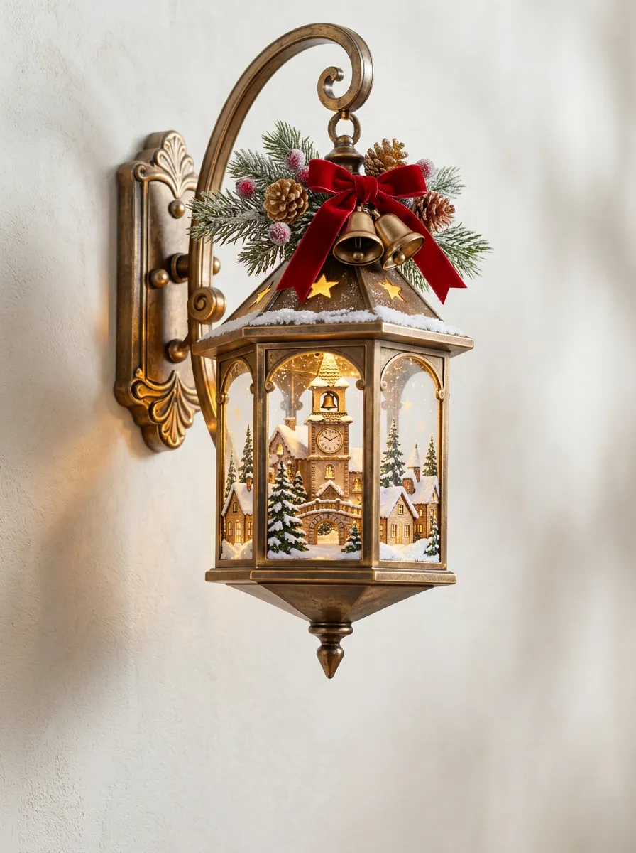 Village Scene Snow-Covered Lantern Christmas Wall Light