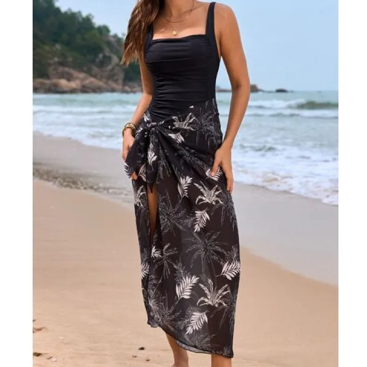 Women's Square-Neck Printed Swimsuit Cover-Up Set