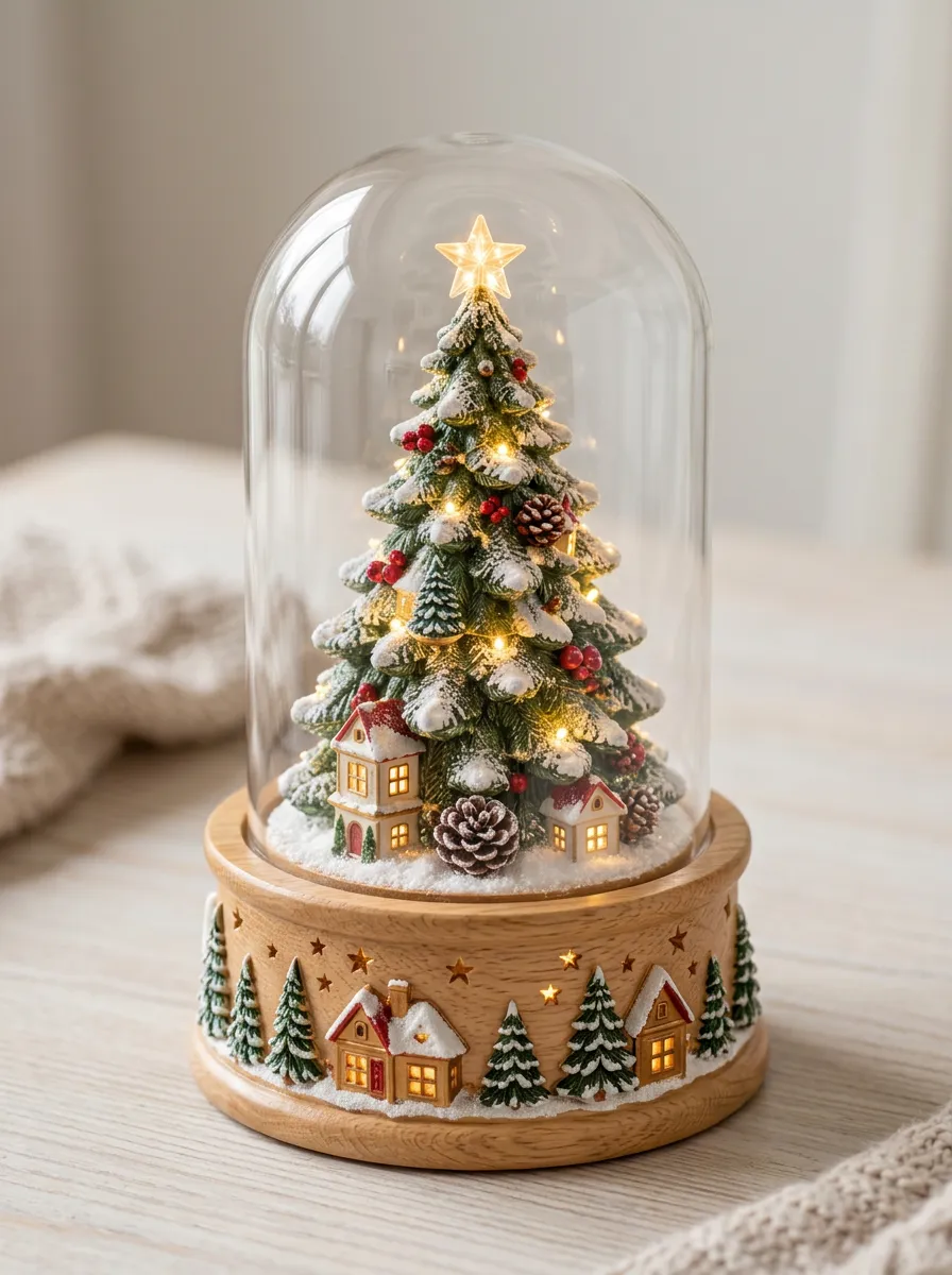 Snowy Pine Tree Village Glass Dome LED Christmas Tabletop Ornament