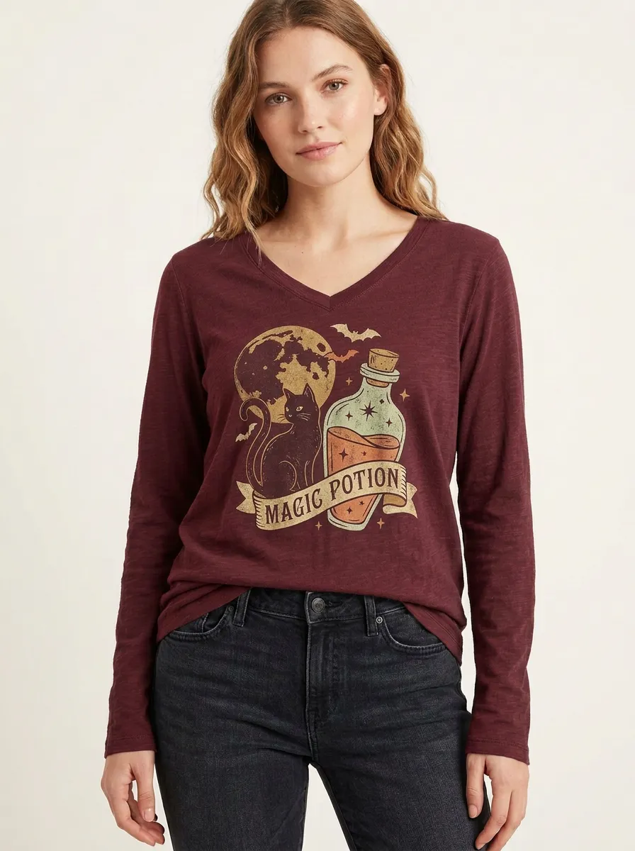 Women's Halloween Magic Potion Black Cat Moon Printed V-neck Long Sleeve T-shirt