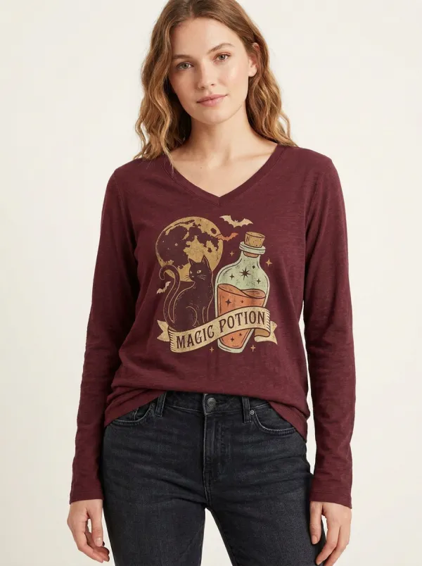 Women's Halloween Magic Potion Black Cat Moon Printed V-neck Long Sleeve T-shirt