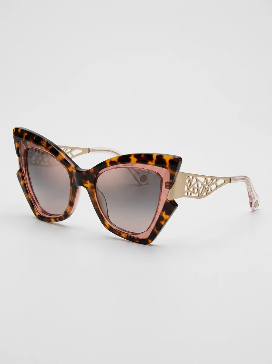 Women's Cat Eye Tortoiseshell Pattern Metal Cutout Temple Sunglasses
