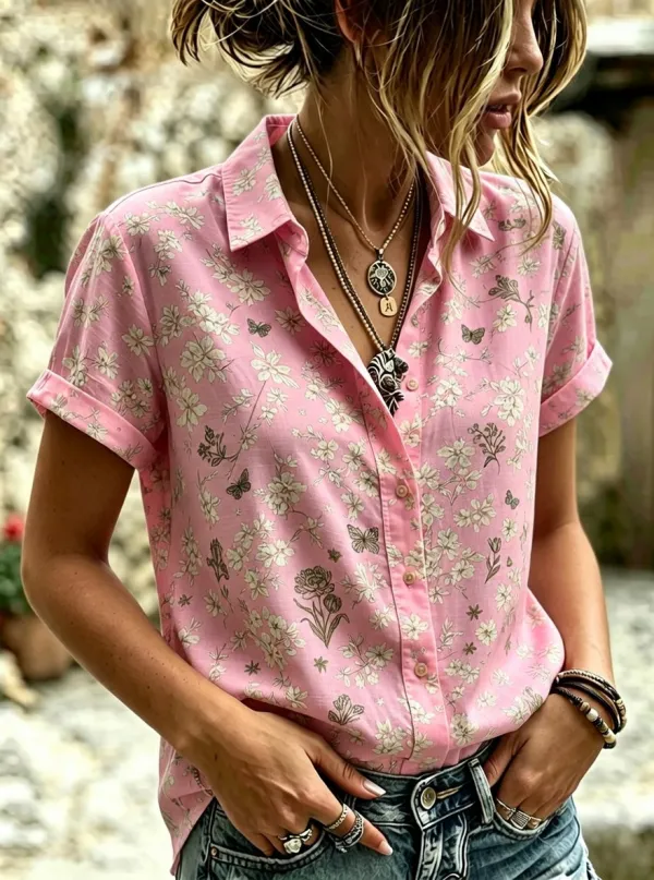 Women's Floral Butterfly Nature Printed Short Sleeve Button Shirt
