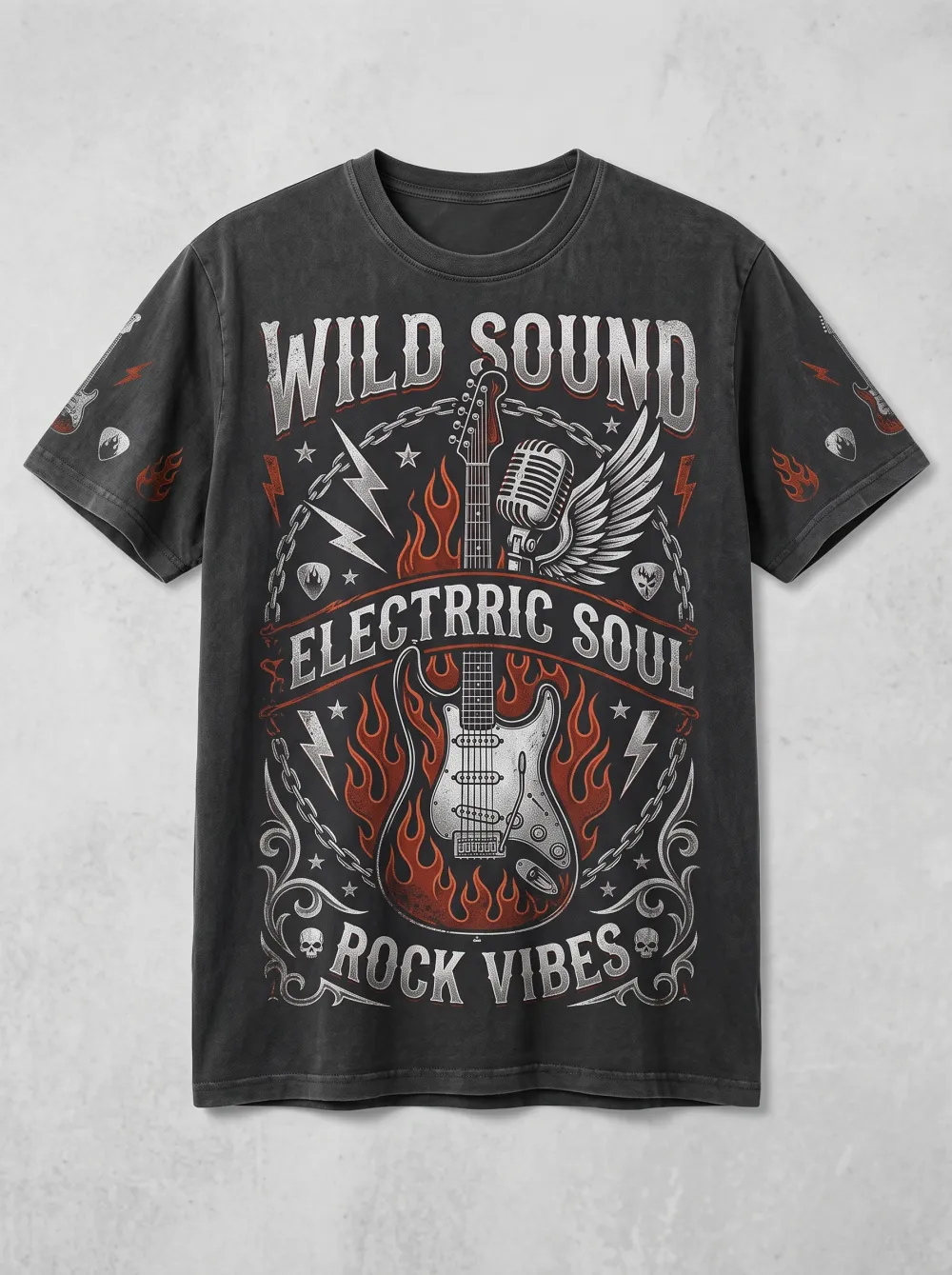 Men's Rock Music Lover Electric Guitar Flame Printed T-shirt
