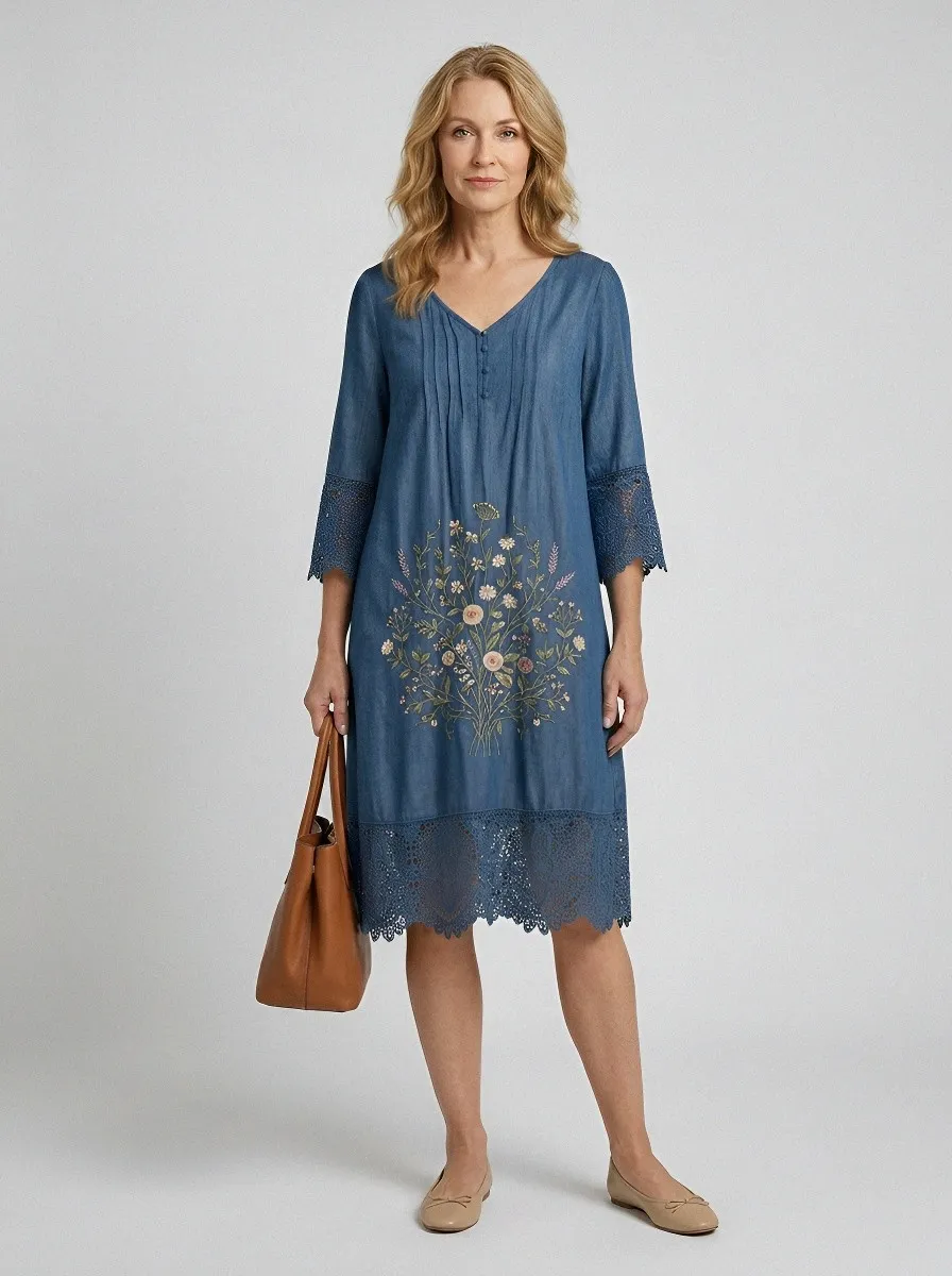 Women's Summer Vacation Floral Embroidery Lace Trim Printed Dress