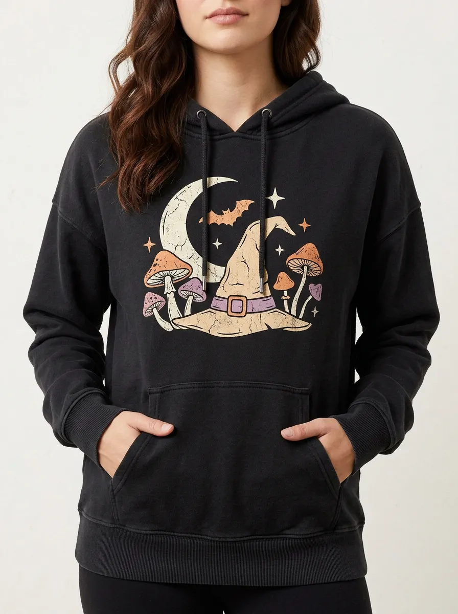 Women's Halloween Witch Hat Mushroom Moon Printed Hoodie