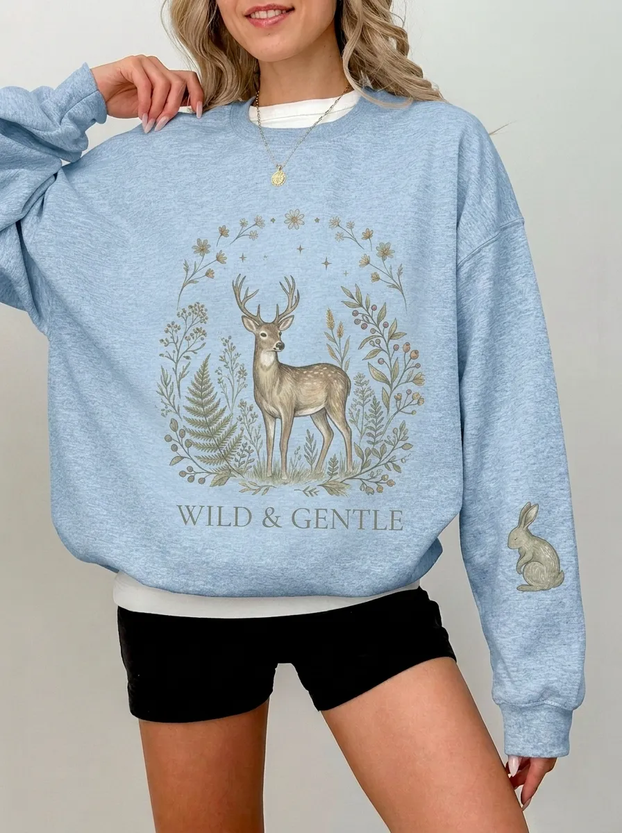 Women's Nature Lover Deer Rabbit Floral Printed Sweatshirt