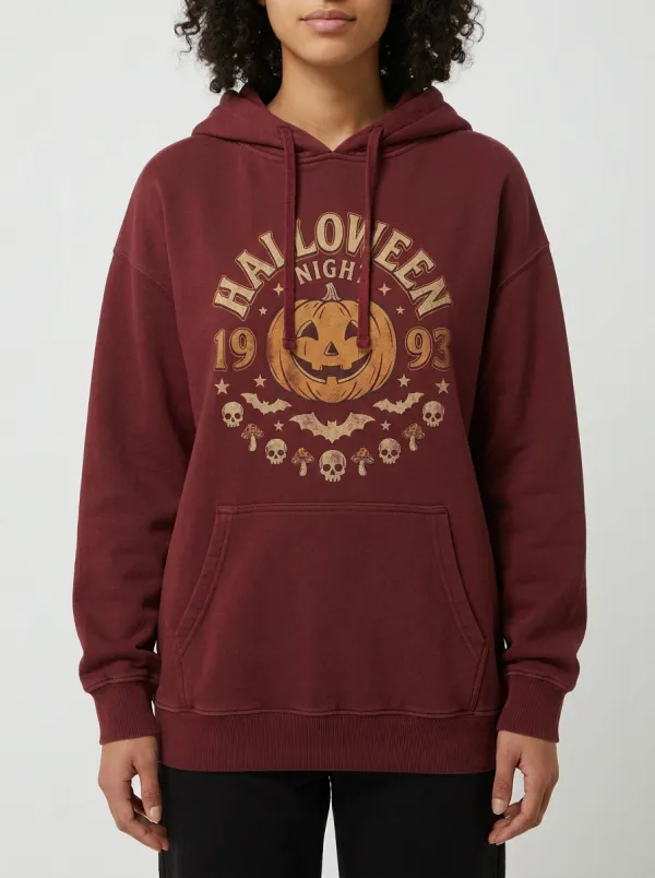 Women's Halloween 1993 Pumpkin Skull Bat Printed Hoodie