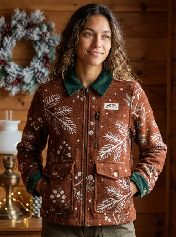 Christmas Holiday Pine Branch Print Zip-up Jacket