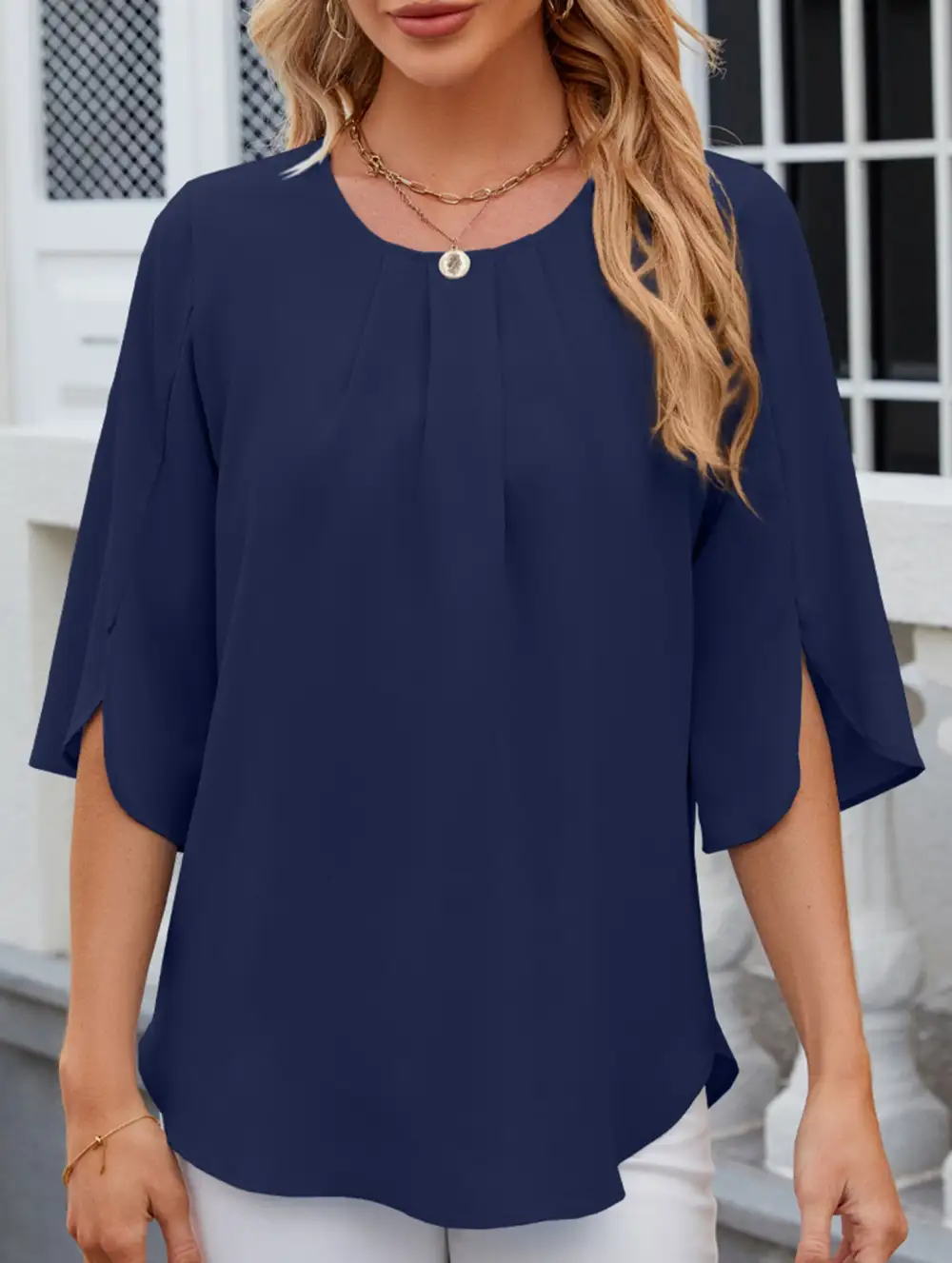 Chiffon Crew Neck Half Sleeve Blouse