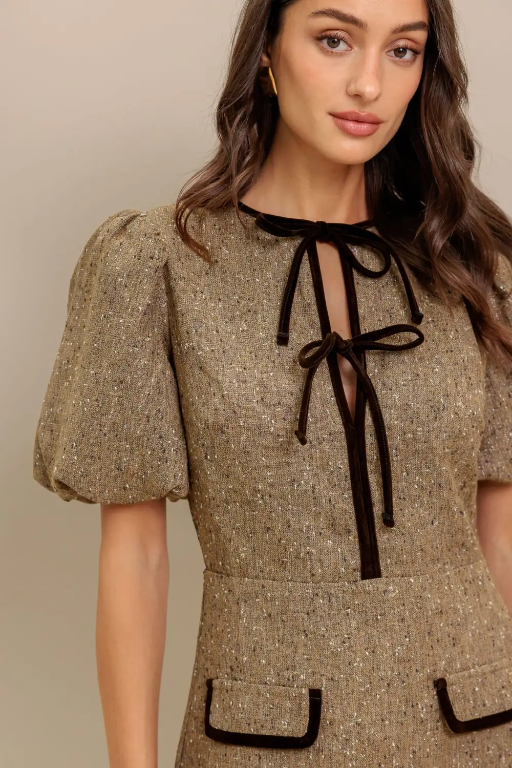 Puff-Sleeve Tweed Mini Dress