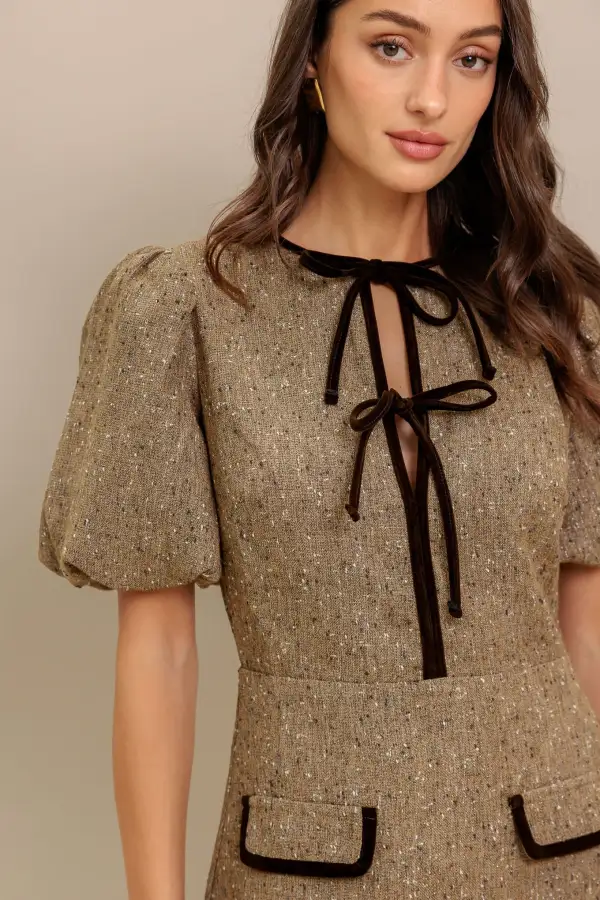 Puff-Sleeve Tweed Mini Dress