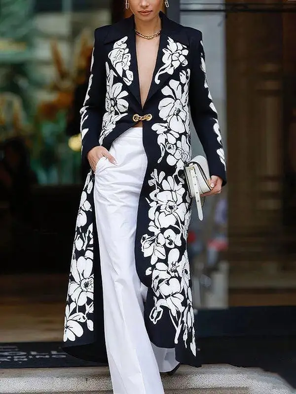 Long Sleeve Relaxed Floral Print Notched Collar Blazer
