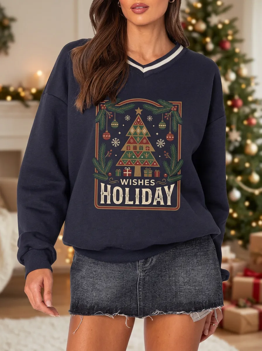 Christmas Holiday Tree Wishes Print Sweatshirt