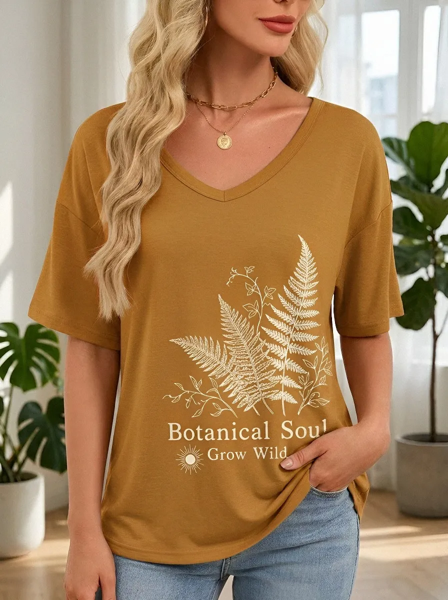 Women's Botanical Soul Fern Leaf Printed V-Neck T-Shirt