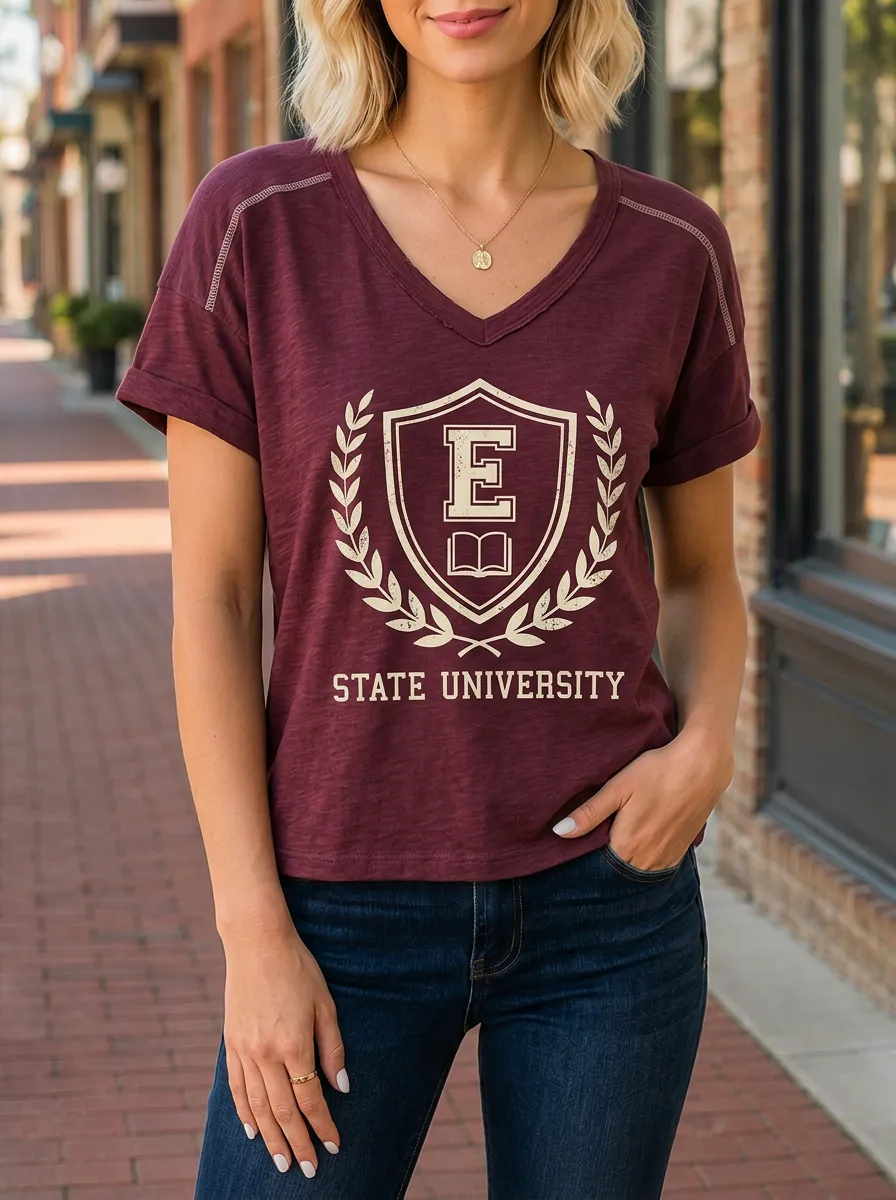 Women's State University E-Letter Shield Printed V-Neck T-Shirt