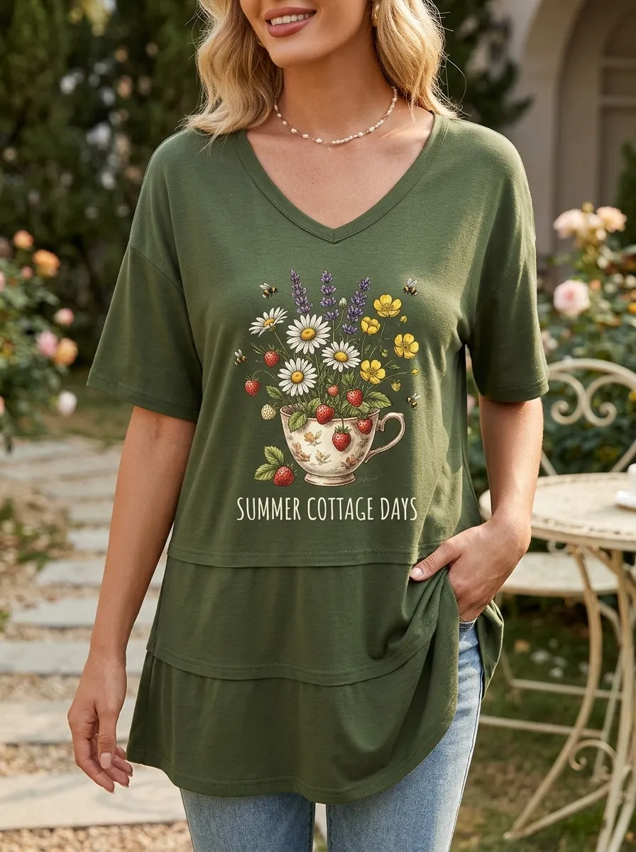 Women's Summer Cottage Days Strawberry Tea Cup Floral Printed T-shirt