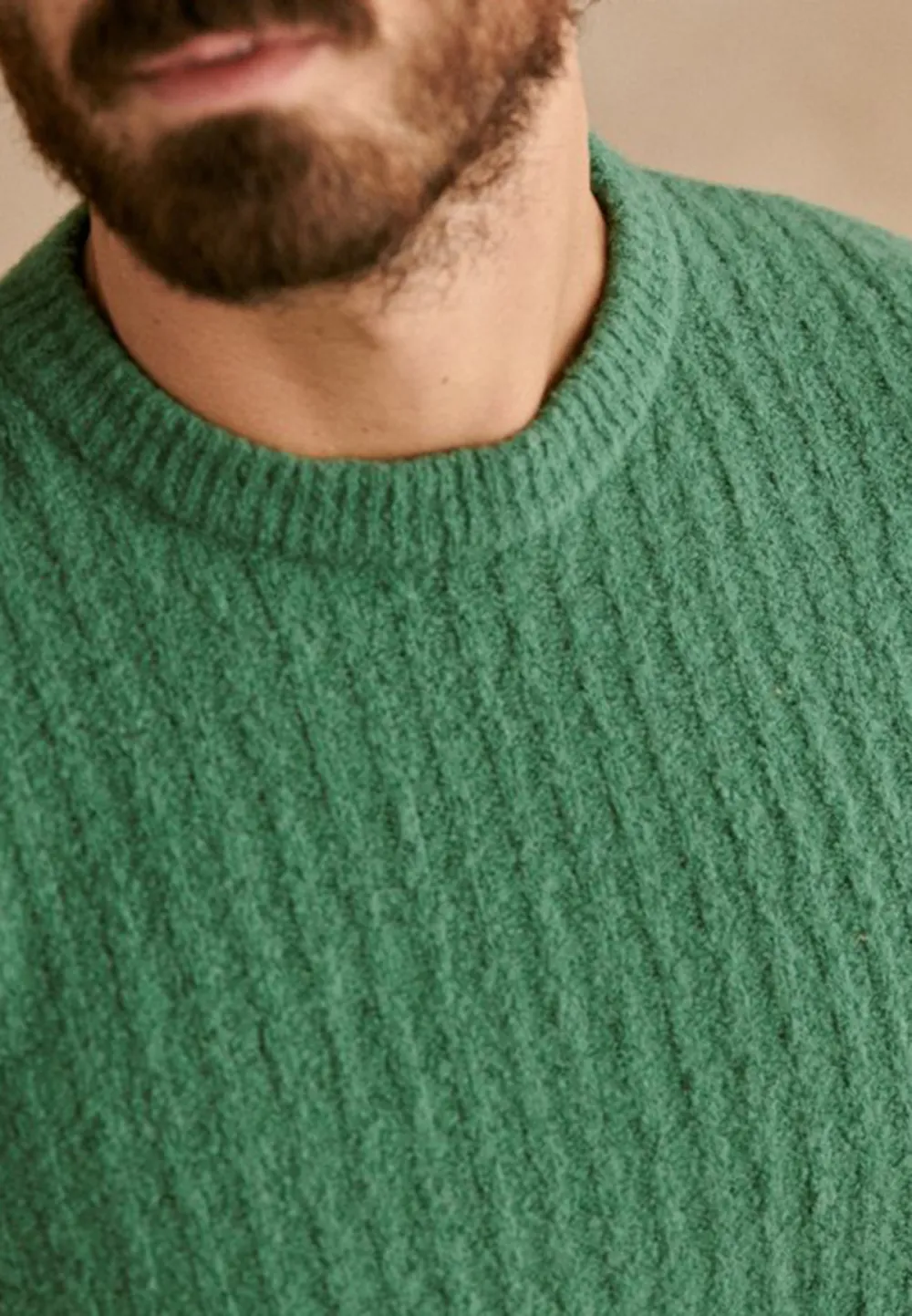 Green Textured Knit Crew Neck Sweater