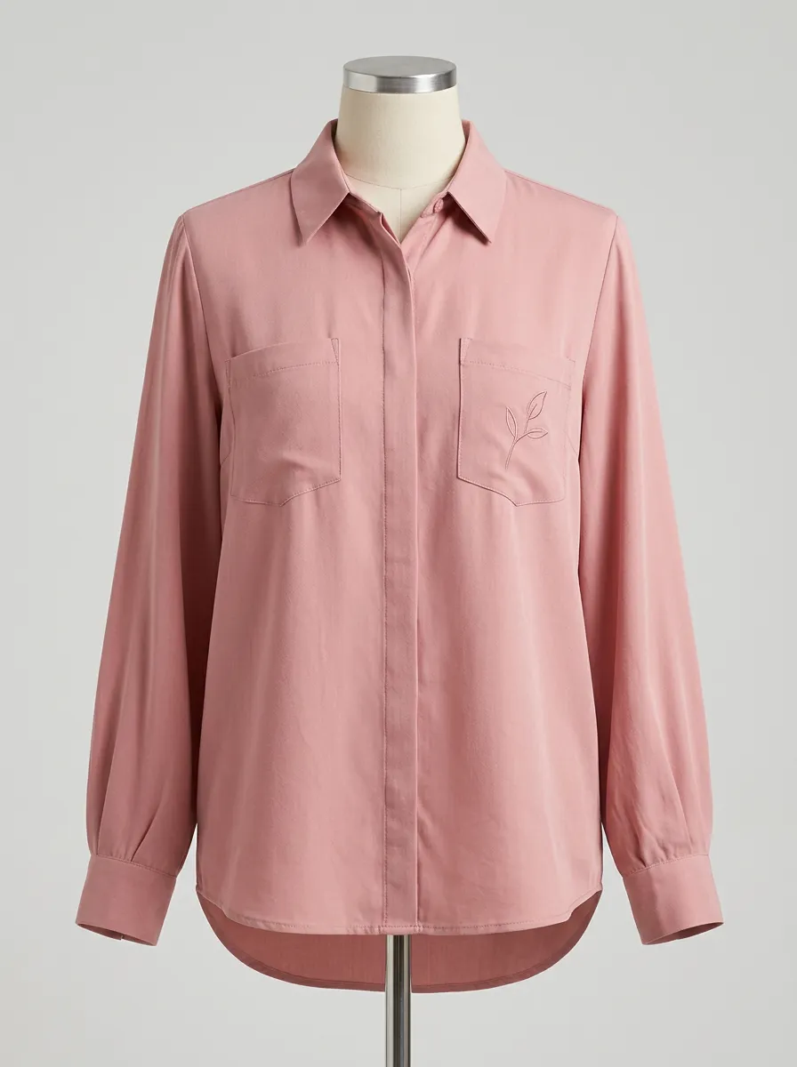 Women's Minimalist Nature Lover Leaf Embroidered Pink Button-up Shirt