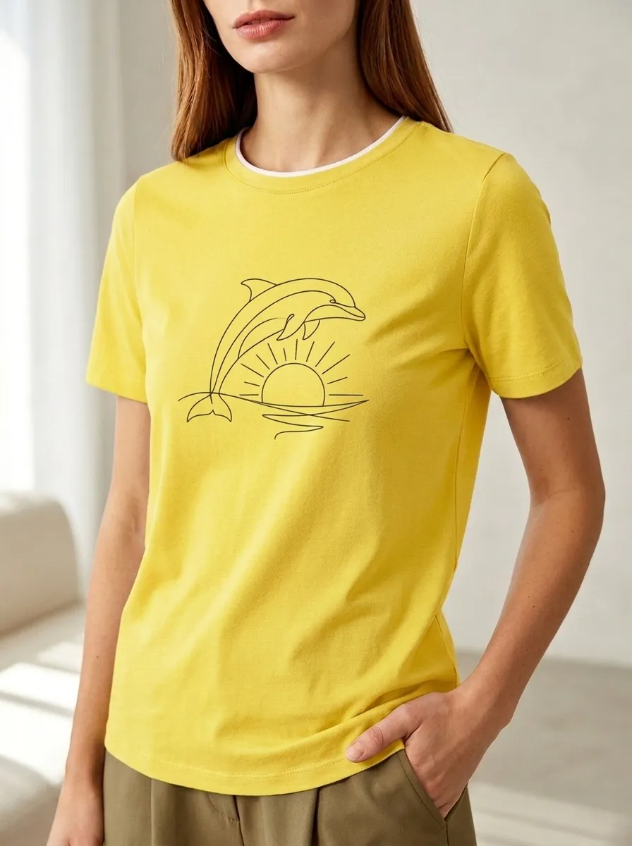 Women's Ocean Lover Dolphin Sunset Line Art Printed T-shirt