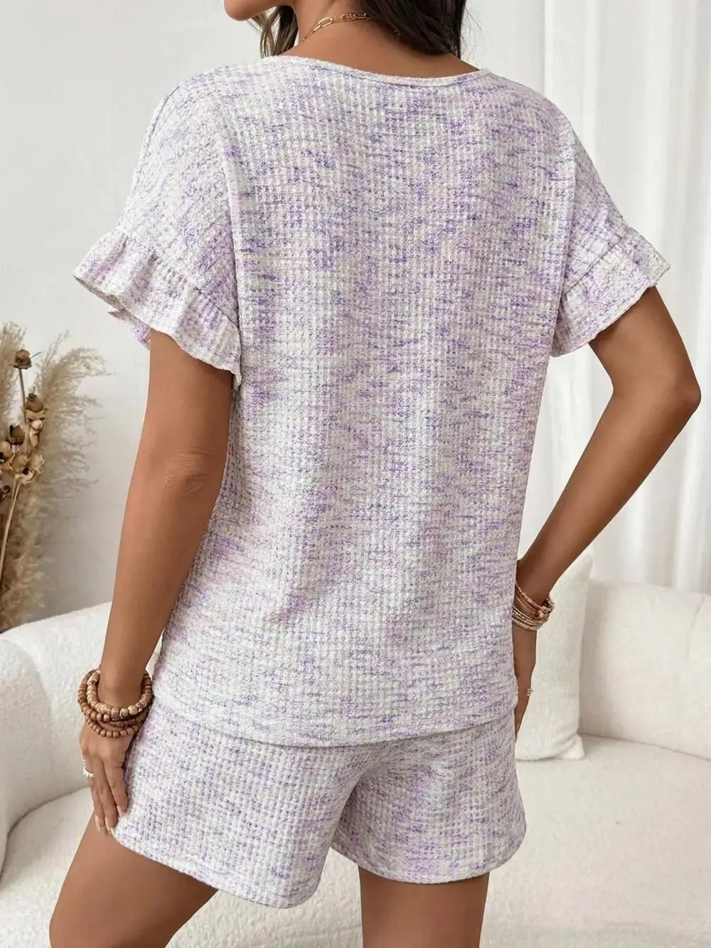 Ruffle Sleeve Textured Top Shorts Set