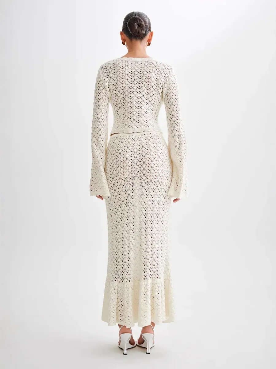 Oceane Resort Style Long-Sleeved Knitted Openwork Two-Piece Set