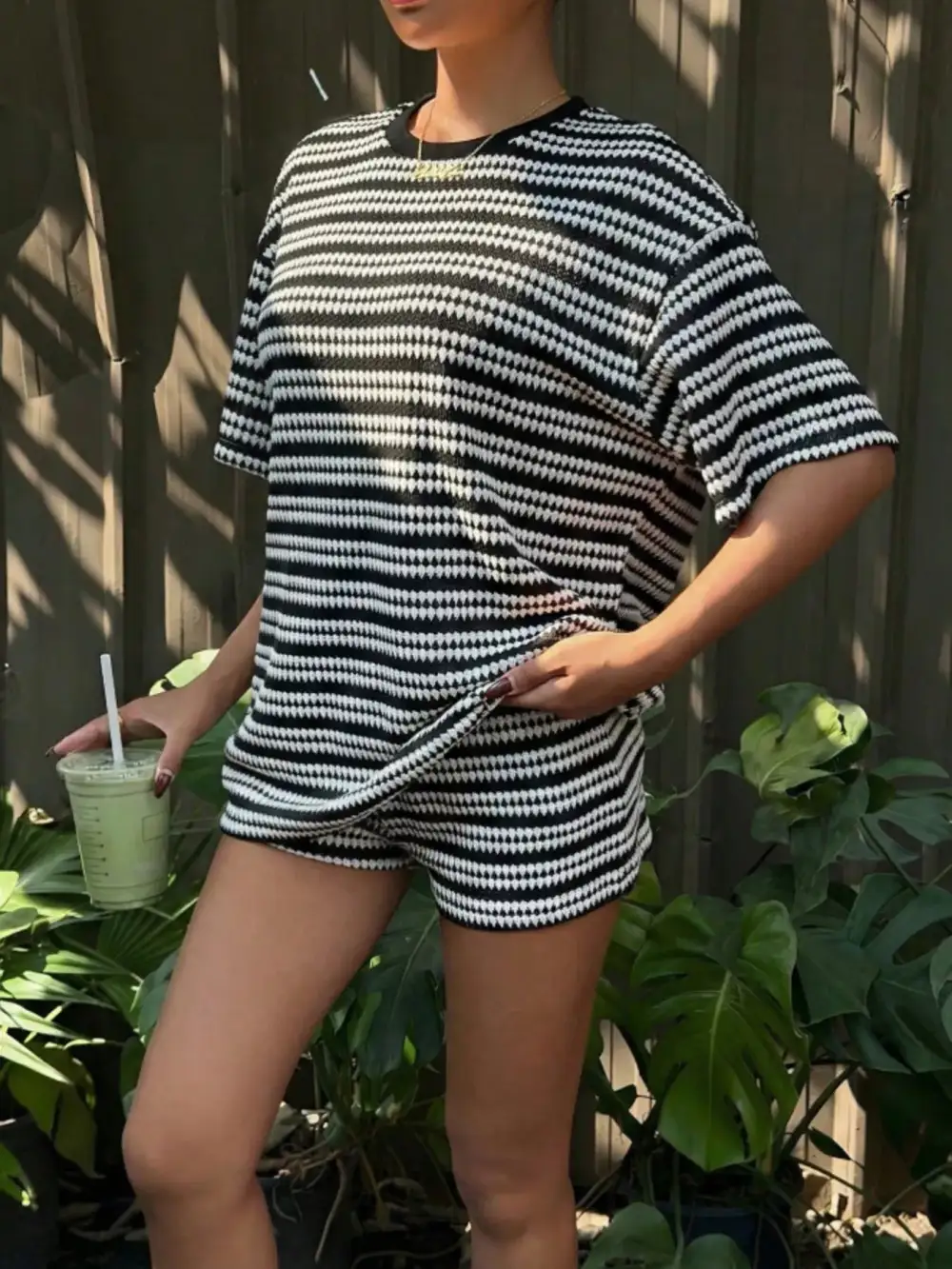 Striped Short Sleeve Top Shorts Set
