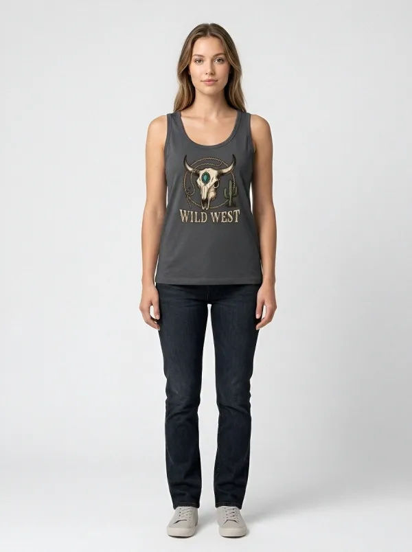 Women's Western Cowgirl Bull Skull Star Printed Tank Top