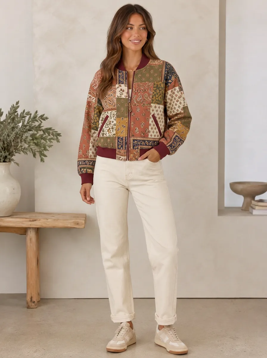 Women's Vintage Boho Paisley Patchwork Printed Bomber Jacket