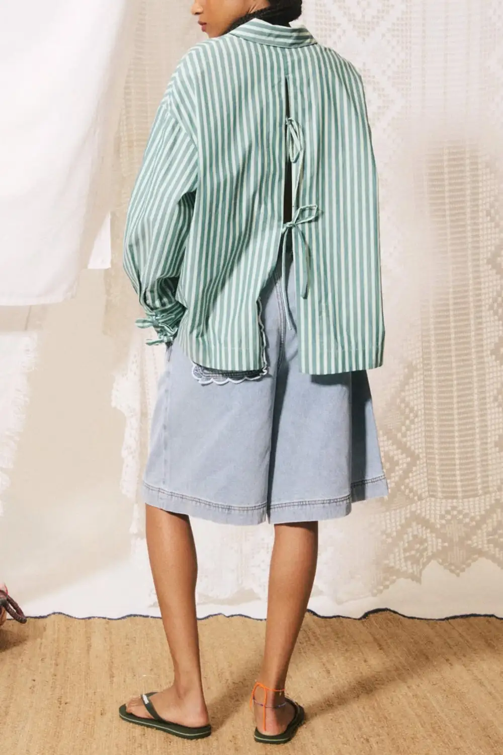 Striped Embroidered Button Front Collared Lightweight Shirt