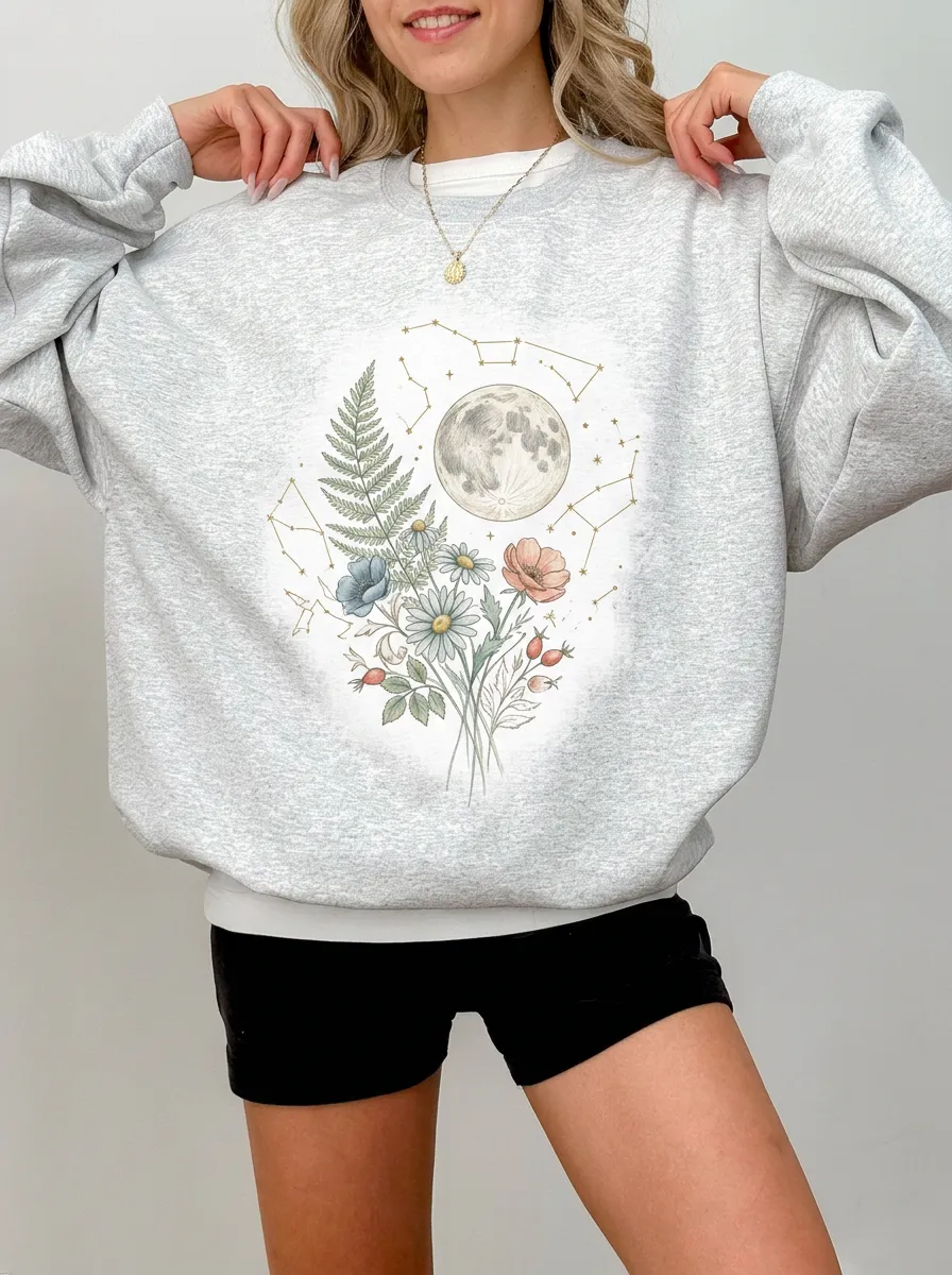 Women's Celestial Floral Moon Constellation Printed Sweatshirt