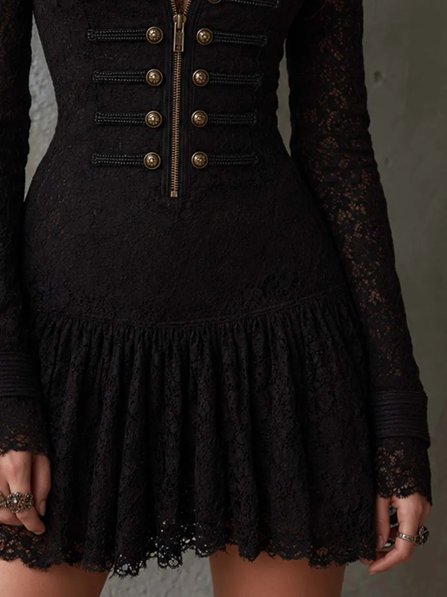 Vintage Military-style Double-breasted Lace Mini Dress