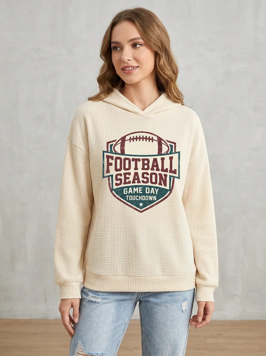 Women's Football Season Game Day Touchdown Printed Waffle Hoodie