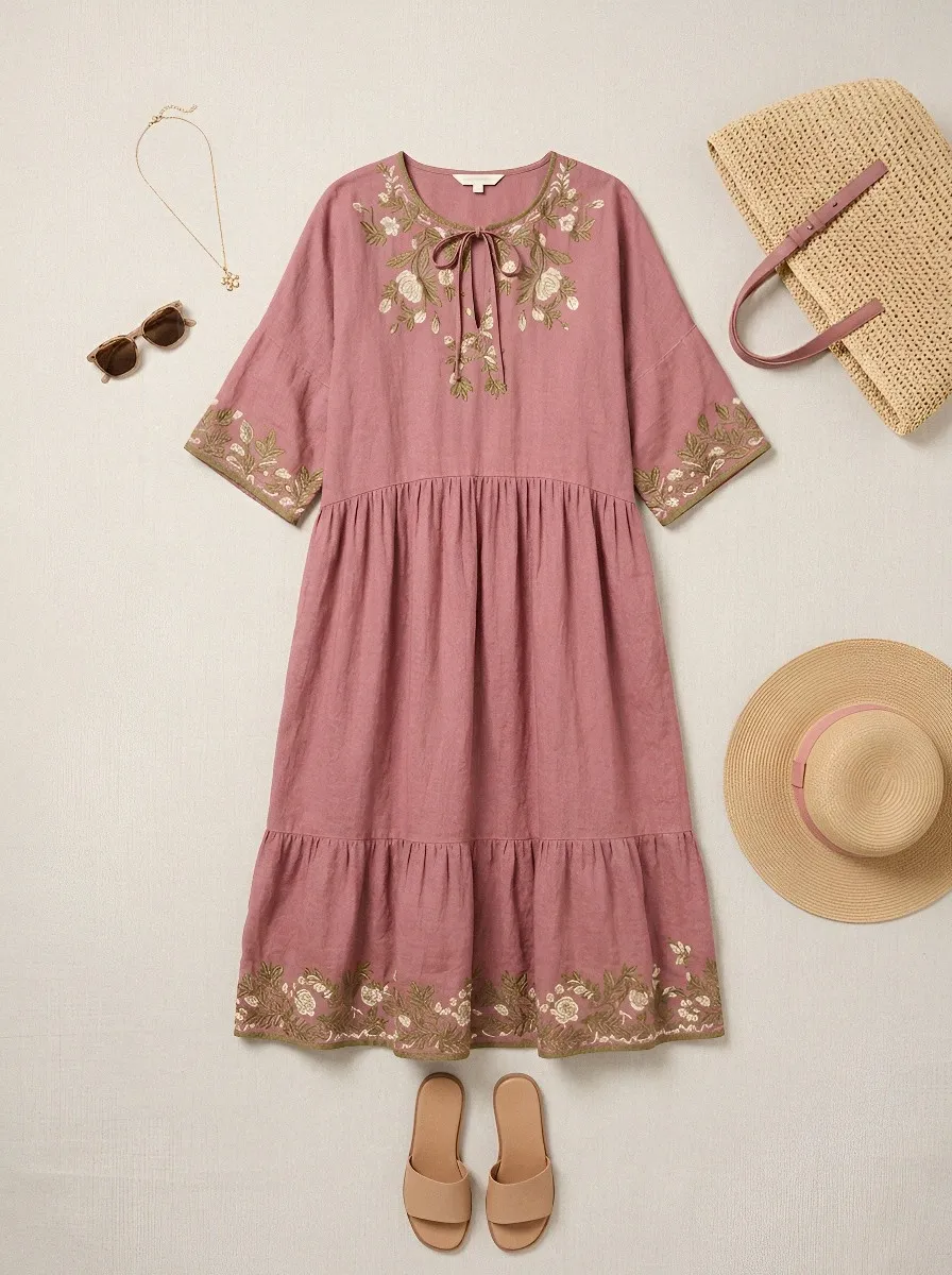 Women's Summer Vacation Floral Embroidered Linen Printed Dress