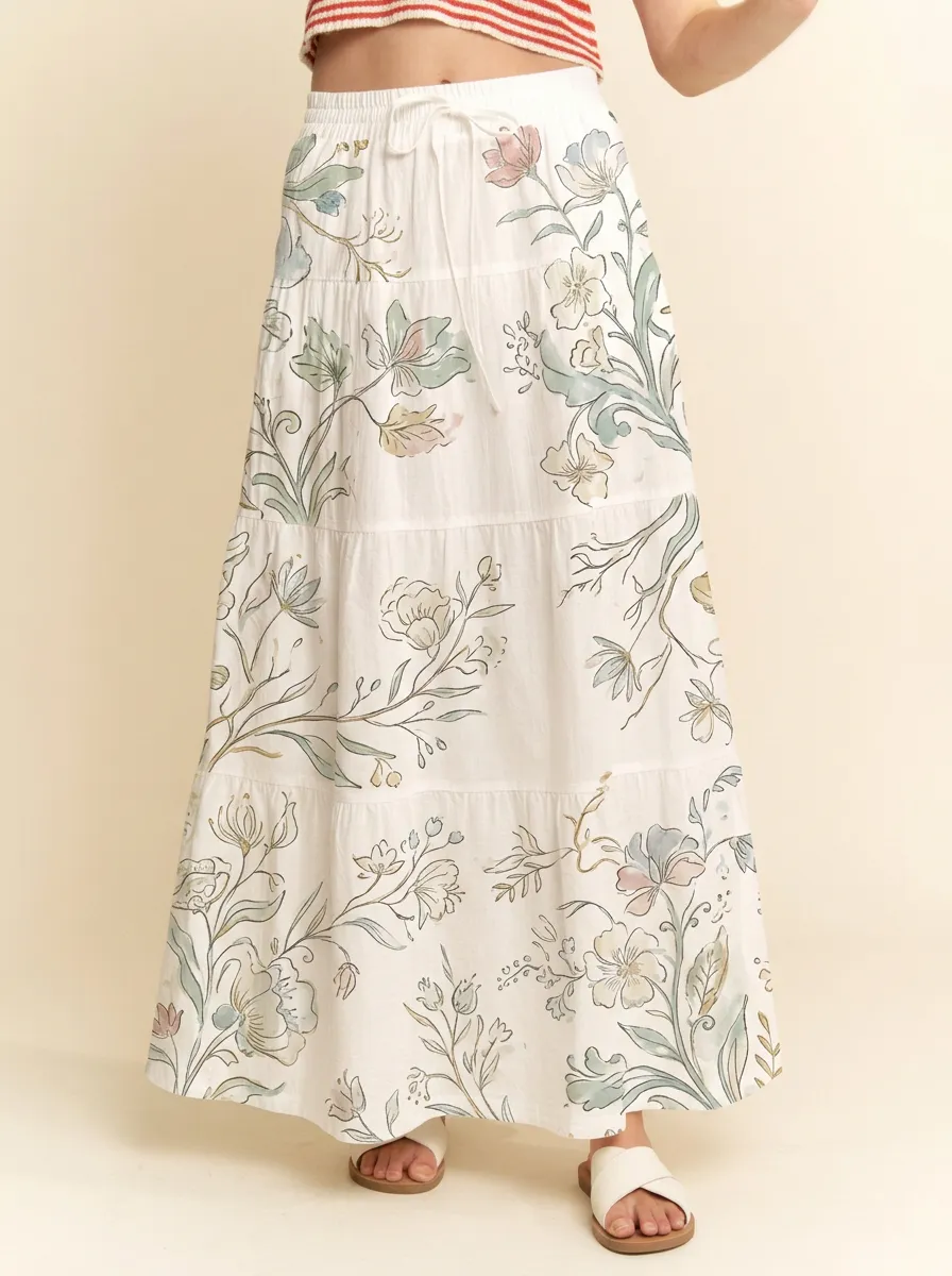 Women's Tiered Boho Floral Botanical Watercolor Printed Maxi Skirt