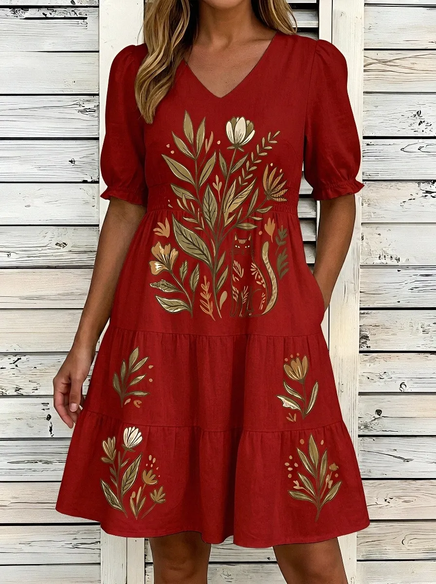 Women's Cat Lover Botanical Floral Printed V-neck Dress