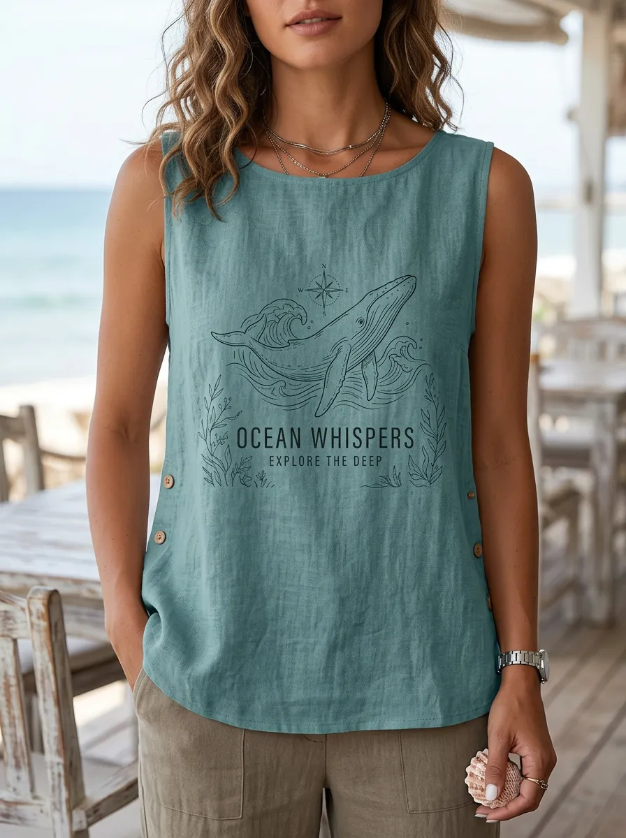 Women's Ocean Lover Whale Compass Printed Sleeveless Tank Top