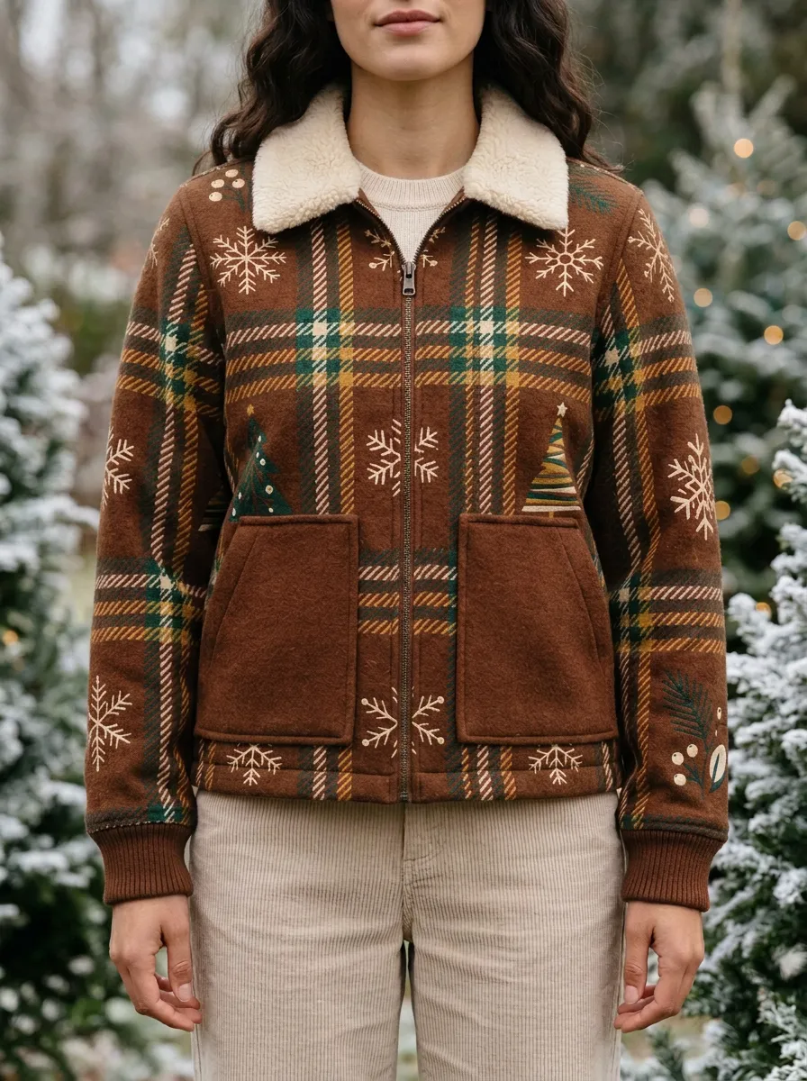 Christmas Plaid Snowflake Tree Print Sherpa Collar Jacket