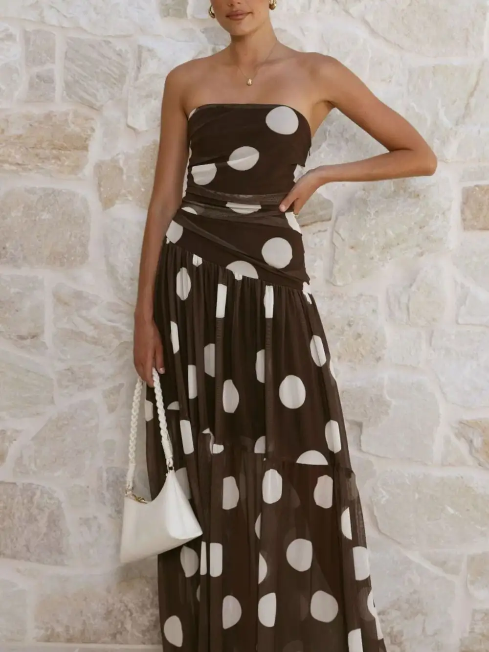 Ruched Strapless Polka-Dot Maxi Dress