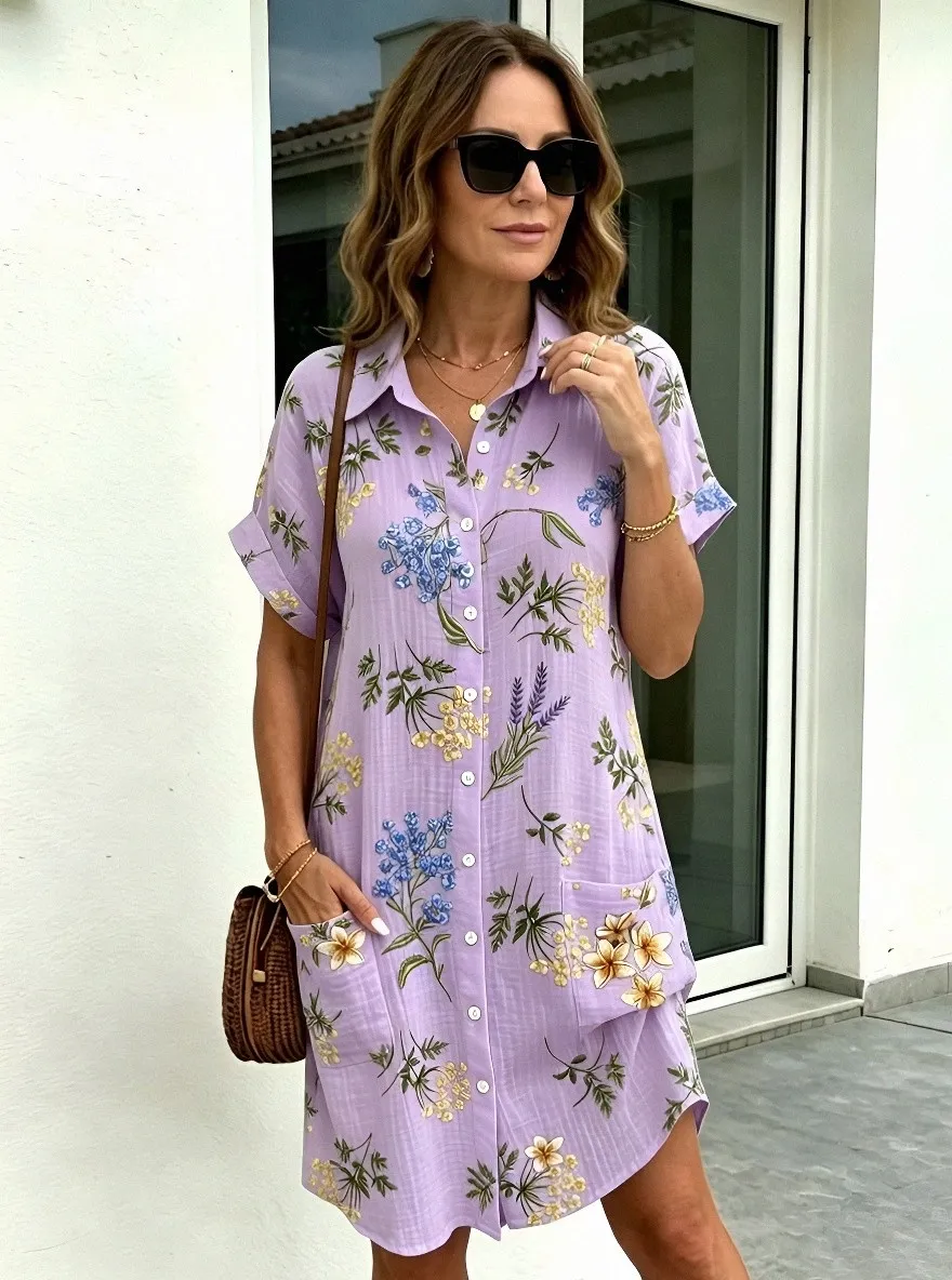 Women's Summer Vacation Floral Botanical Printed Shirt Dress