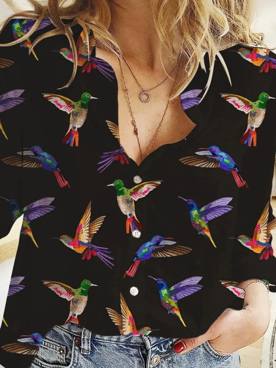 Hummingbird Print Button-Up Shirt