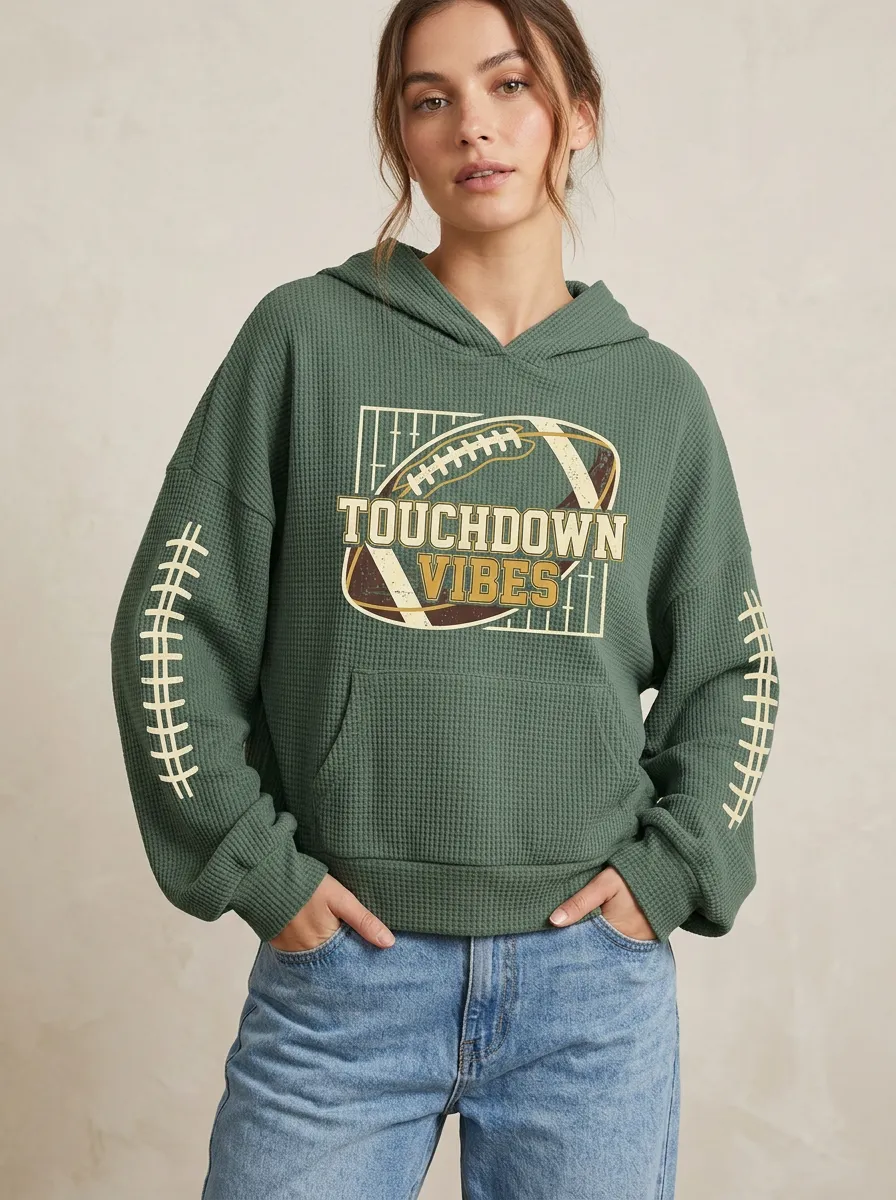 Women's Football Fan Touchdown Vibes Graphic Printed Waffle Hoodie