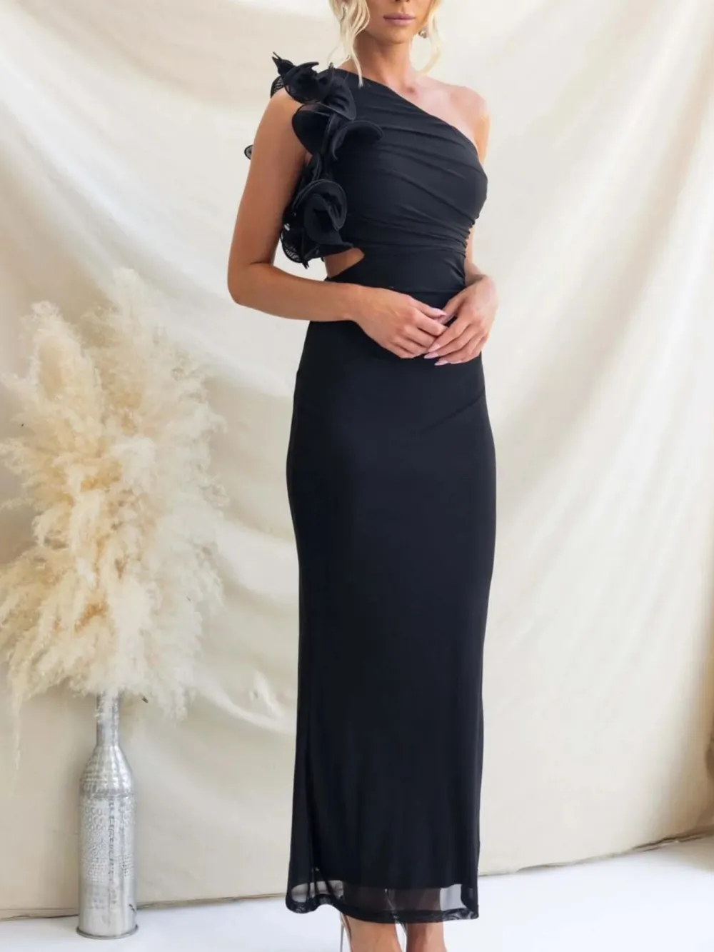Ruched One-Shoulder Sleeveless Floral Maxi Dress