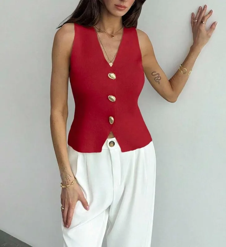 Red Knit Button Front Metal Vest