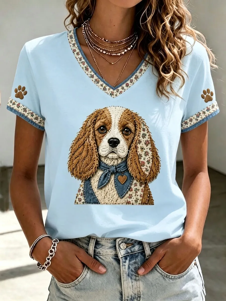 Women's Retro Patchwork Dog Print V-Neck Tee