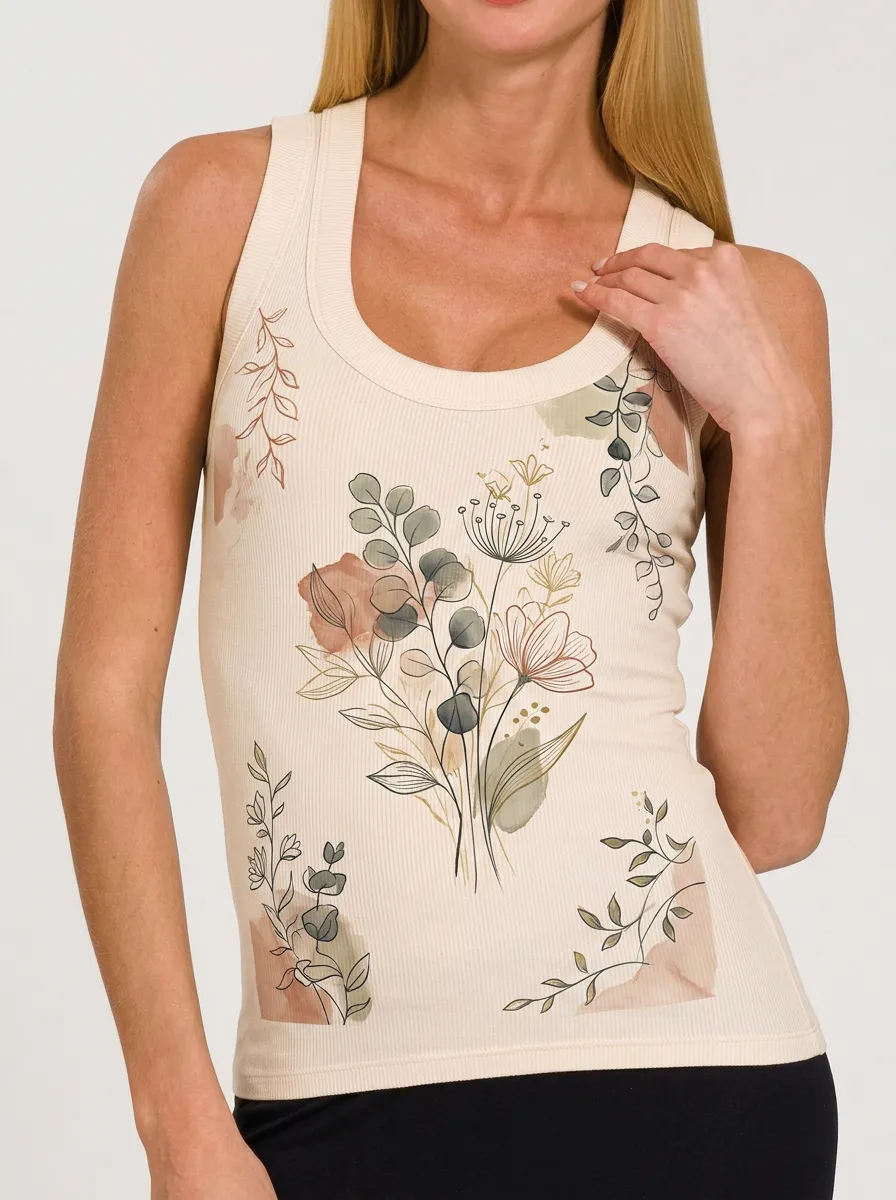 Women's Botanical Nature Lover Floral Watercolor Printed Ribbed Tank Top