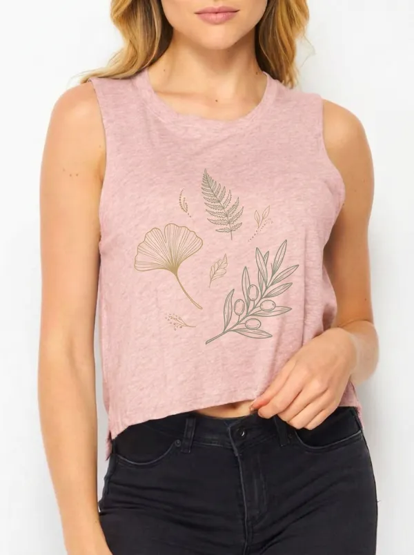 Women's Botanical Nature Lover Ginkgo Fern Olive Printed Crop Tank Top