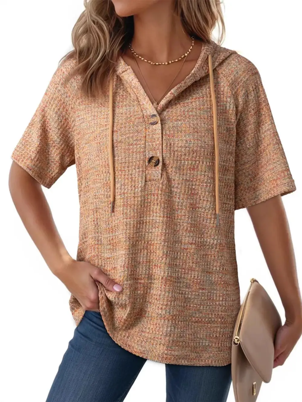 Drawstring Short Sleeve Hooded Top